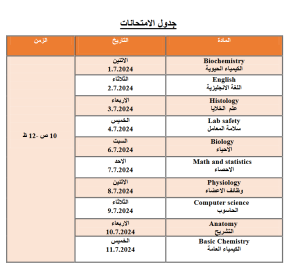 امتحانات نهاية العام الاكاديمي كلية المختبرات الطبية