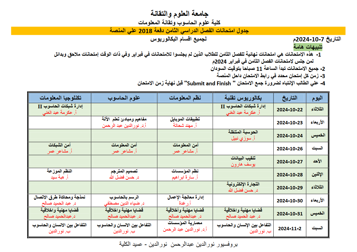 جدول امتحانات الفصل الدراسي الثامن دفعة 2018 علي المنصة كلية علوم الحاسوب وتقانة المعلومات
